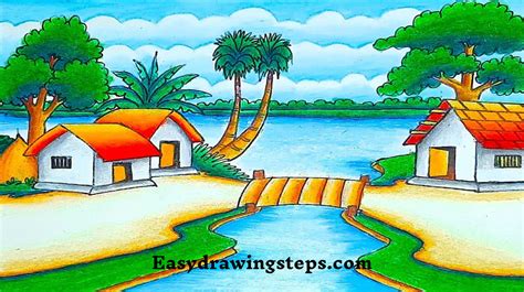 beautiful village drawing easy|10 easy steps to draw Beautiful Village Scenery Drawing.